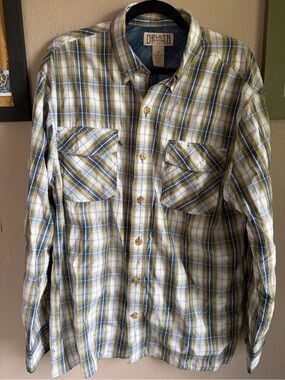 Duluth Trading Co Men's Blue & Olive Plaid Button-Down Fishing Shirt